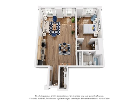 Floor plan for 1 bed, 1 bath, 722 sqft